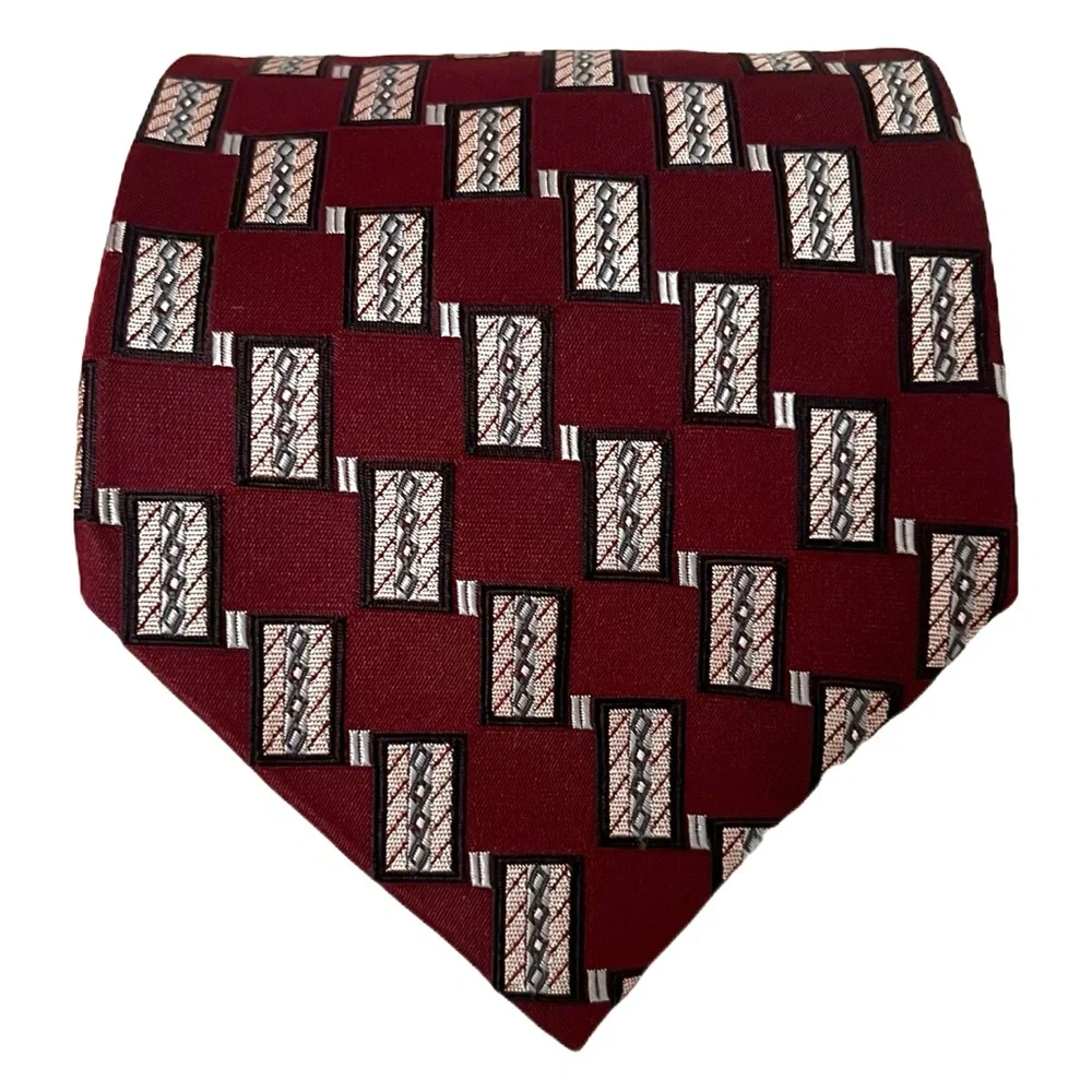Pierre Cardin Embroidered All Silk‎ Designer Tie Maroon Geometric Retro US-Made